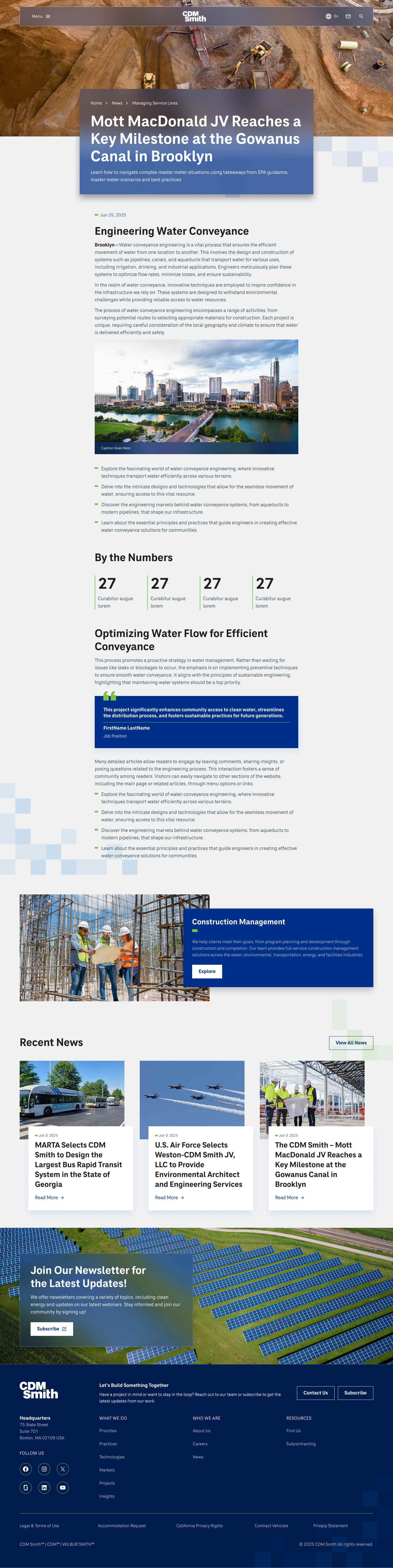 CDM Smith News Detail page with hero photography, headline, and By the Numbers stats